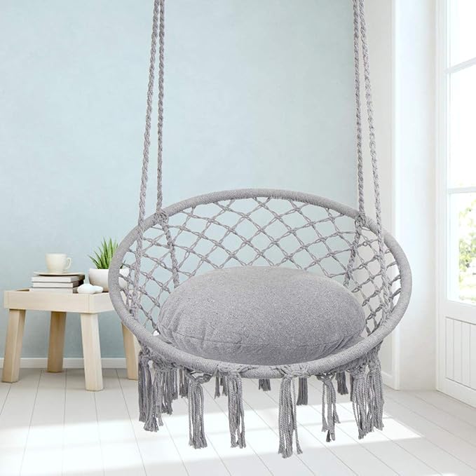 Y- STOP Hammock Chair Macrame Swing, Max 330 Lbs, Hanging Cotton Rope Hammock Swing Chair for Indoor and Outdoor Use, Light Grey