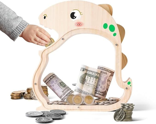 Wooden Dinosaur Piggy Bank for Boys, Girls, Unbreakable Dino Piggy Bank for Kids with Letter Stickers, Cute Saving Coin Jar, Wooden Cashbox Money Bank, Piggy Money Jar Personalized Birthday Gift