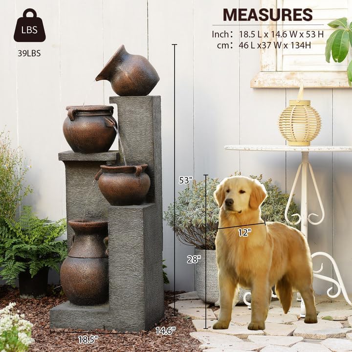 53" H Large Water Fountain Outdoor-The 4 Cascading Modern Feature Crocks Garden Fountains and Waterfalls with Warm Lights for Porch, Deck, Patio, Backyard Home Décor (Gray)