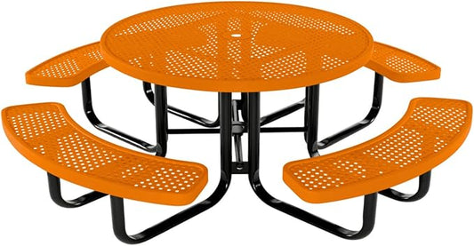 Heavy-Duty Portable Outdoor Kids Table with Umbrella Hole, Punched Steel Kids Picnic Table, Commercial-Grade, Made in America (46 in, Round, Childrens, Textured Orange)