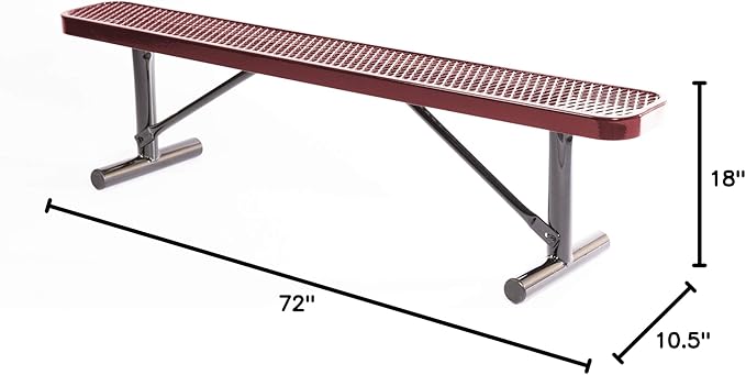 Heavy-Duty Portable Outdoor Bench Thermoplastic Coated, Expanded Metal, Commercial-Grade Seating, Made in America (Portable Without Back, 6 Ft, Burgundy)