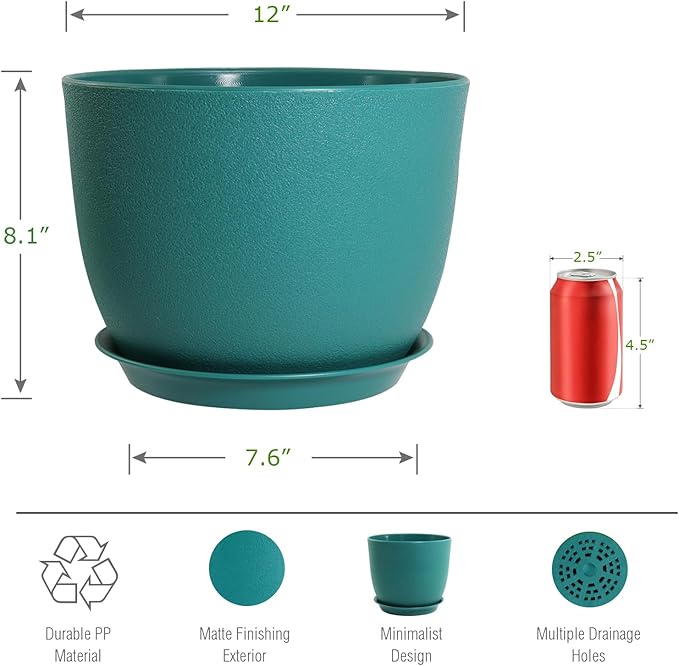 12inch Large Plant Pot, Modern Plastic Planter with High Driange Holes and Saucer for Indoor Outdoor Garden Plants and Flowers, Black with Green Speckles