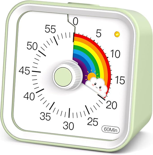 Visual Timer for Kids with Pause Function, Cute Silent Timer with Rainbow for Classroom, Teaching, Task, Kitchen, 60 Minute Countdown Time Management for ADHD (Rainbow Green)
