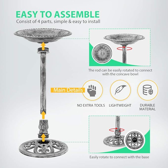 VIVOHOME 28 Inch Height Polyresin Lightweight Antique Outdoor Garden Bird Bath Gray