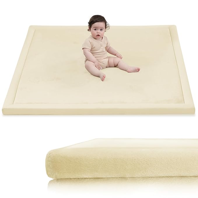 Baby Play Mat for Floor, 1.3" Thick Elasti-Foam 50x50 Playpen Mat for Toddlers Infant Kids,Water-Repellent Soft Velvet for Tummy Time, Non-Slip Backing for Crawling, Tatami Style(Vanilla)