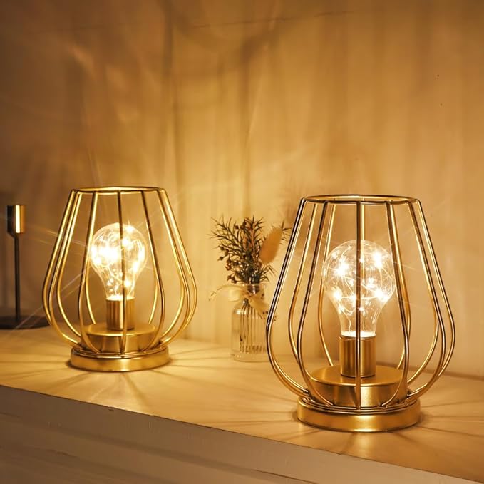 TRIROCKS Set of 2 Metal Battery Operated Lamp 7'' Tall Cage Shape Cordless Table Lamp Battery Lanterns with Warm Fairy Lights Bulb for Patio Garden Wedding Parties Indoor Outdoor(Gold)