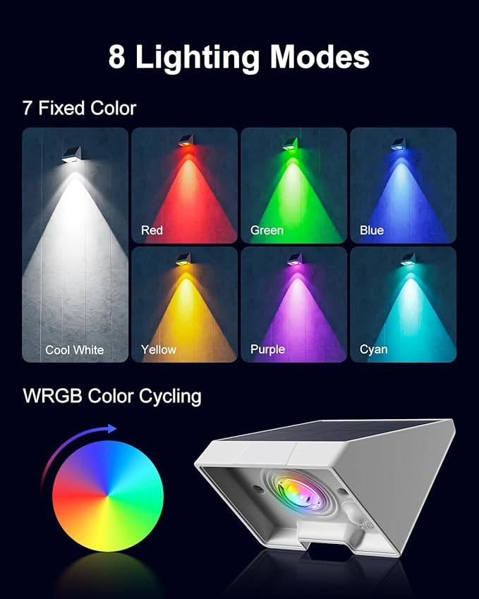 12 Pack Color Changing Solar Powered Fence Lights Outdoor Decorative LED Waterproof Yard Lighting for Outside Wall, Deck, House Patio, Rail, Backyard, 8 Colorful Modes, Easy Install (White Shell)