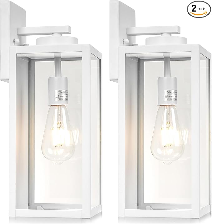 16-inch Large Outdoor Wall Light Fixture, White Exterior Wall Lantern Waterproof, Farmhouse Porch Sconce Lighting with Glass, Modern Outside Lights for House, Garage, Patio Lamp, 2 Packs