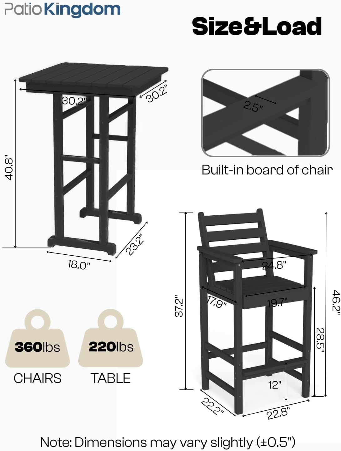 3-Piece Outdoor Bar Set with Beige 11FT Cantilever Umbrella, HDPE Tall Balcony Adirondack Chairs and Table, Outdoor Bar Stools for Patio (Black)