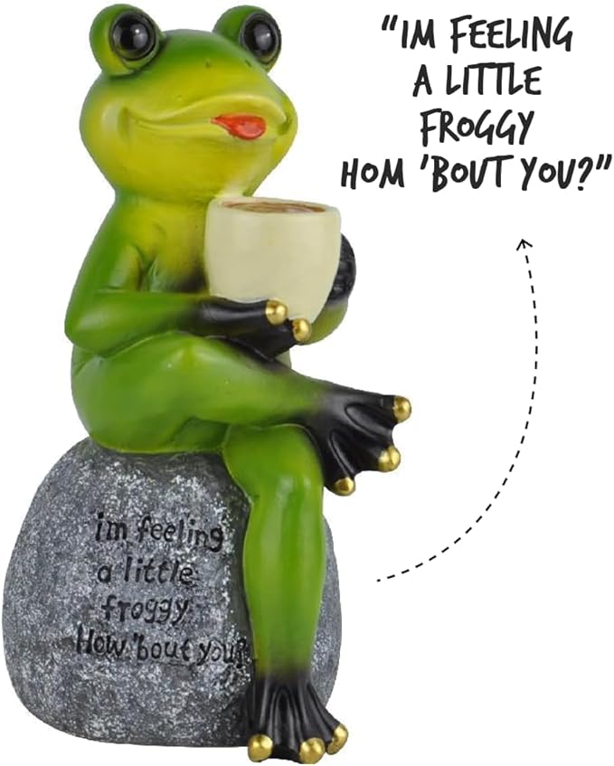 Spring & Summer-Themed Garden Statues – Adorable Outdoor Decor for Lawn, Patio & Porch (Coffee Drinking Frog Garden Statue with Funny Quote)