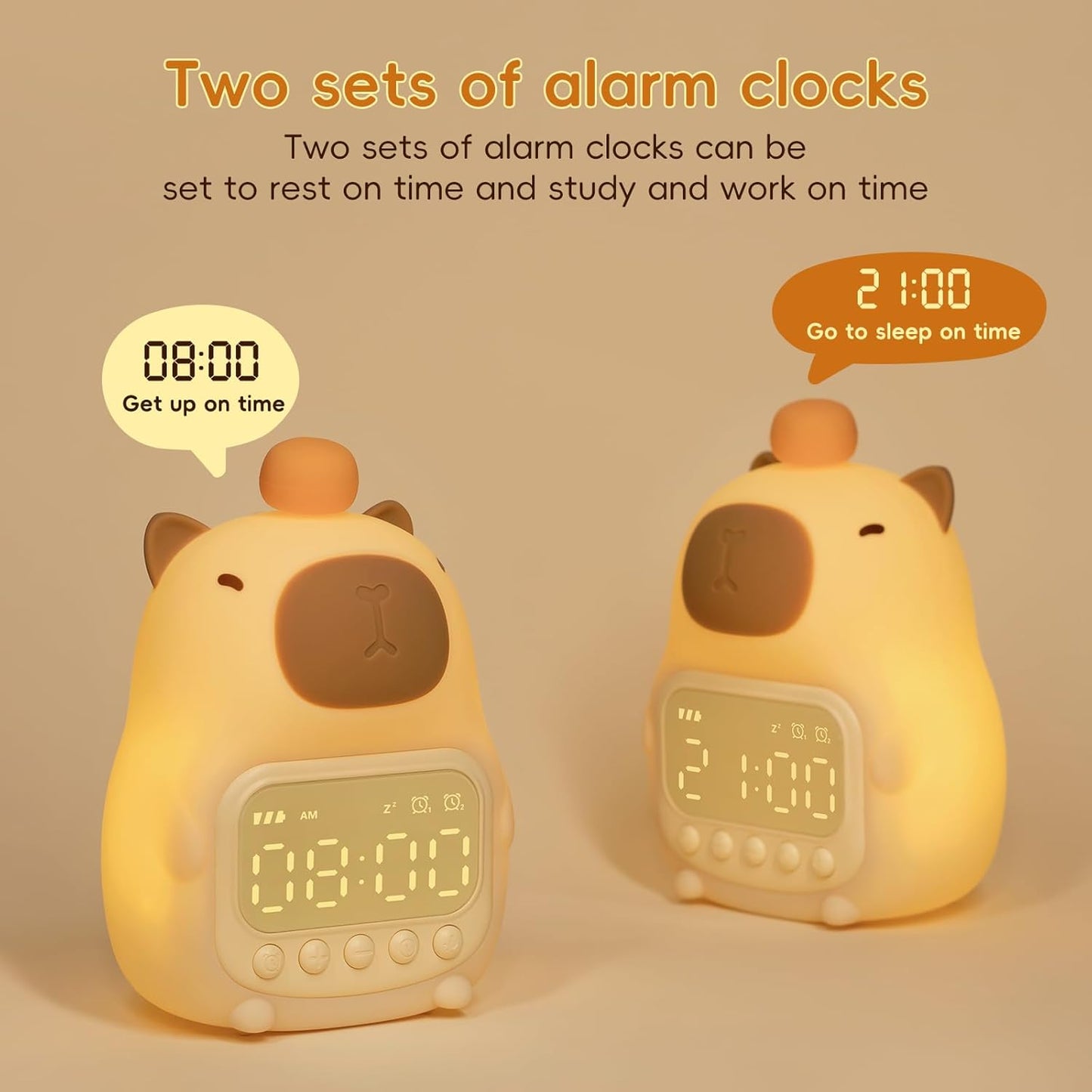 Capybara Alarm Clock with Night Light for Kids, Cute Toddler Alarm Clocks for Bedrooms Ok to Wake Clocks for Girls and Boys, Silicone Animal Tabletop Lamp for Kid, RGB Color