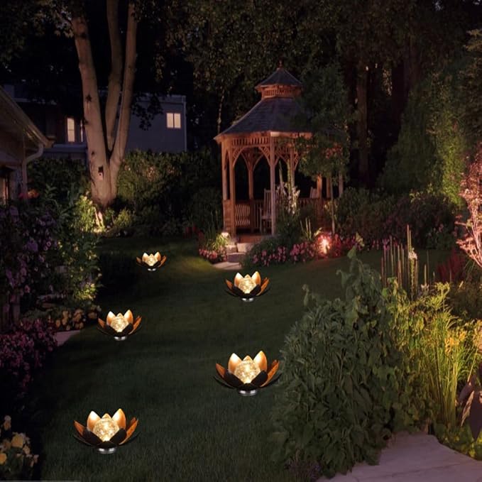 12 inches Solar Lights Outdoor Garden, Crackle Globe Glass Lotus Decoration, Waterproof LED Metal Flower Lights for Patio,Lawn,Walkway,Tabletop,Ground Gardening Gifts (Copper Color)