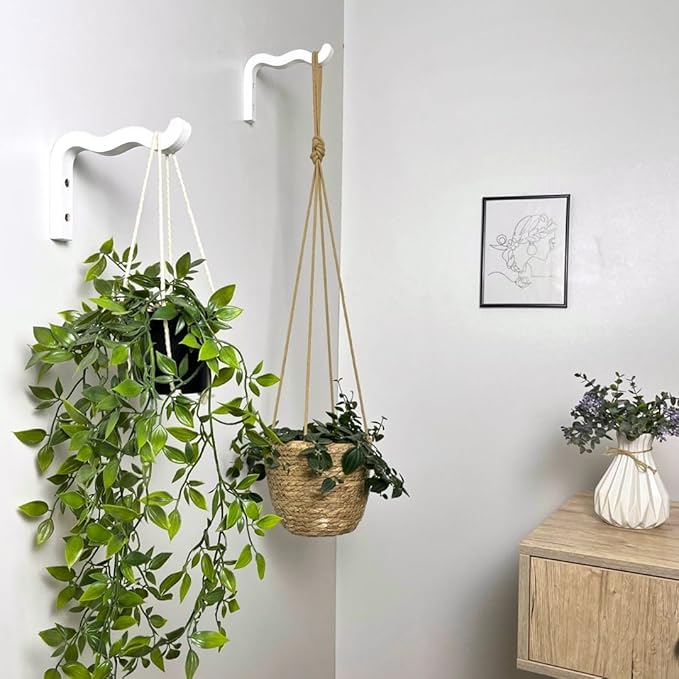 2-Piece Set of Wavy Wooden Wall Planters for Indoor Plants 6 Inch - Natural Plant Hook for Wall Plant, Wind Chimes, Flower Brackets, Patio Garden Decorations - Bracket Plant Hanger (White)