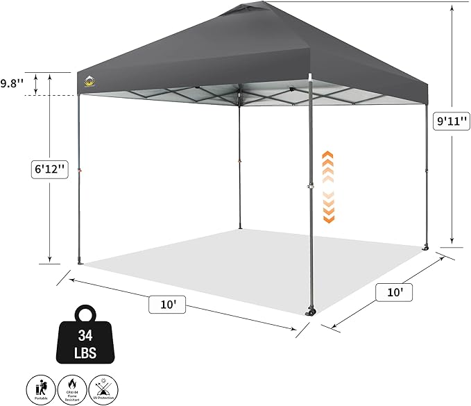 CROWN SHADES Adjustable Height on The Fly, 10x10 Pop Up Canopy - Beach Tent with One Push Setup - Easy Outdoor Sun Shade for Events, Parties, Camping - Outside Shade with STO-N-Go Bag, Grey