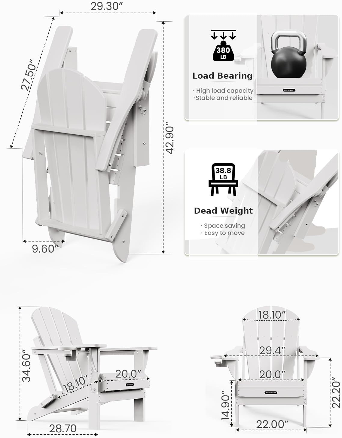 MUCHENGHY Folding Adirondack Chairs 4 Pack, Patio Chairs, Lawn Chairs, Outdoor Chairs, Adirondack Chair Plastic, Fire Pit Chairs, Weather Resistant with Cup Holder for Deck, Backyard, Garden(White)