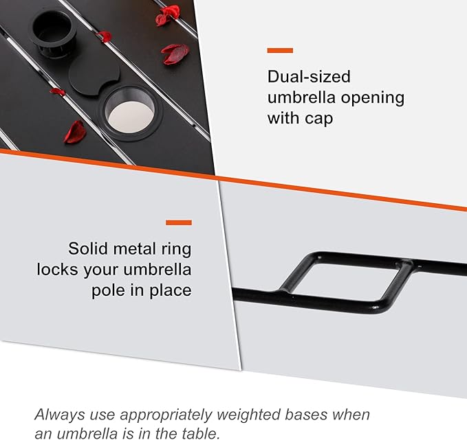 Round Outdoor Dining Table, 48-inch All-Weather Patio Table with Adjustable Umbrella Hole for Deck Lawn Garden Backyard Balcony Deck, Black Metal Frame Slatted Tabletop