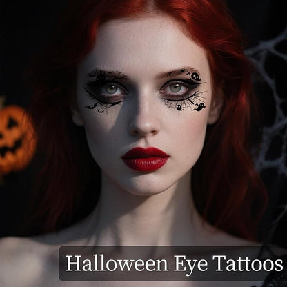 24 Pairs Halloween Eyeliner Temporary Tattoos for Adults, Face Eyes Fake Tattoos, Gothic Spooky Designs with Spiders Web, Bats, Cats, Skulls, Black