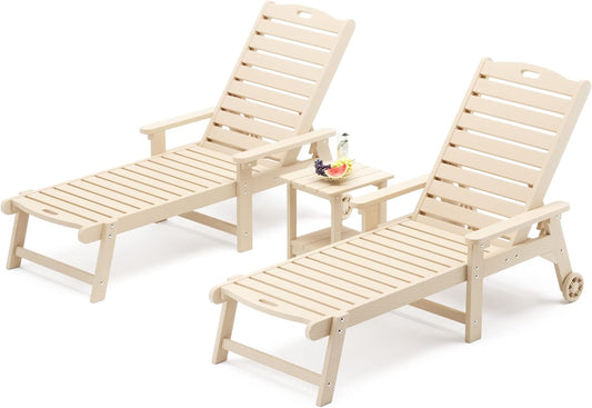LUE BONA Chaise Lounge Chairs Set with Table, 3-Piece, 79'' Oversized HDPS Material, 5 Positions Adjustable Patio Lounge Chairs, Pool Lounge Chair with Wheels for Poolside, 3-Year Warranty, Sand