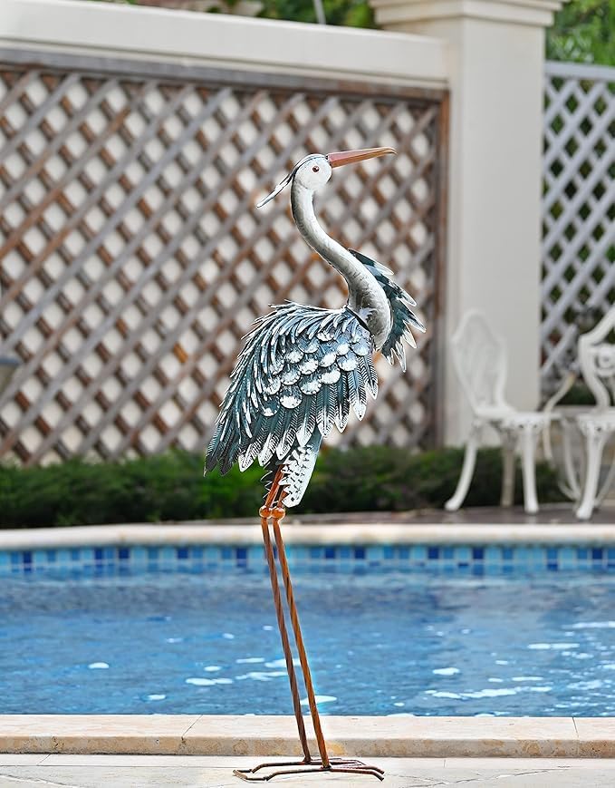 TERESA'S COLLECTIONS Garden Decor Blue Heron Sculptures & Statues Backyard Decor,24.5" Coastal Metal Cranes Decoy for Outdoor Decoration Outside Yard Art Patio Pond Pool Lawn,Housewarming Gift for Mom