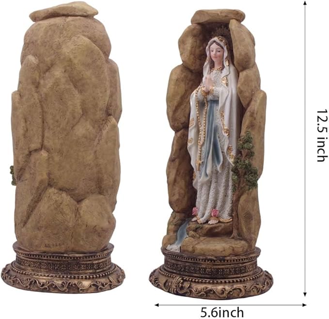 MeritMode Virgin Mary Collectible Figurines - Our Lady of Lourdes in Grotto Design, Handcrafted Resin Religious Gifts Decor for All Faiths, 12.5" H