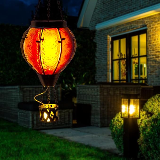 Hot Air Balloon Solar Lantern with Flame Flickering Light LED Glass Hanging Solar Lanterns Outdoor Waterproof Garden Light for Patio Tree Porch Yard Decor Mother’s Day Gift for Women Mom
