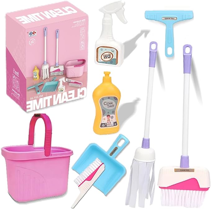 Kids Cleaning Toy Set - Pretend Play Cleaning Tools with Mop, Broom, Bucket & Spray Bottle - STEM House Role Play Toys for Girls & Boys 3-5 Years