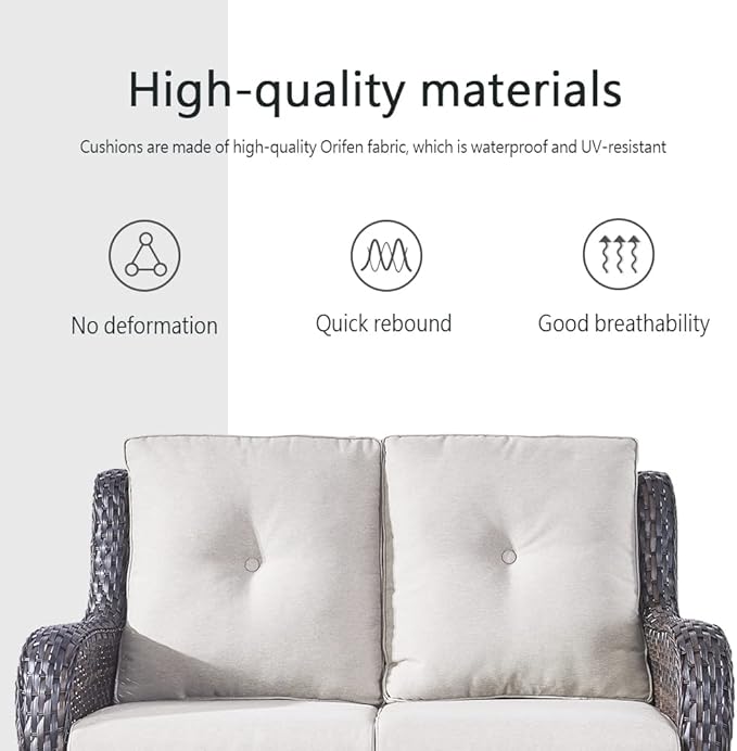 Wicker Outdoor Furniture Patio Furniture Set - 6 Piece Patio Conversation Set with Swivel Rocker Chairs, Loveseat Sofa, Ottomans and Coffee Table, Beige Cushion