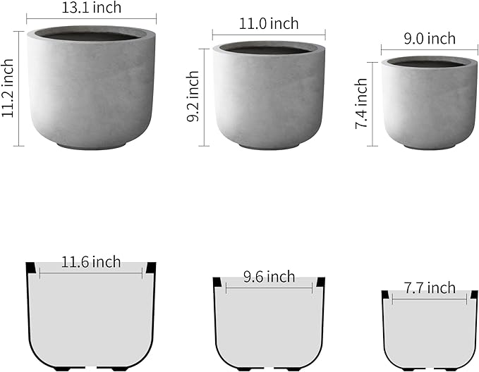 Kante 13",11",9" Dia Natural Concrete Round Planters (Set of 3), Outdoor Indoor Modern Planter Pots, Lightweight, Weather Resistant, Seamless with Drainage Hole