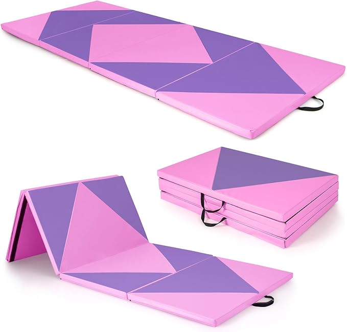 Giantex 4'x10'x 2" Gymnastics Mat, 4-Panel Folding Aerobics Exercise Mat w/Hook & Loop Fastener, Carrying Handle, Portable Tumbling Mat for Stretching Yoga Cheerleading Martial Arts