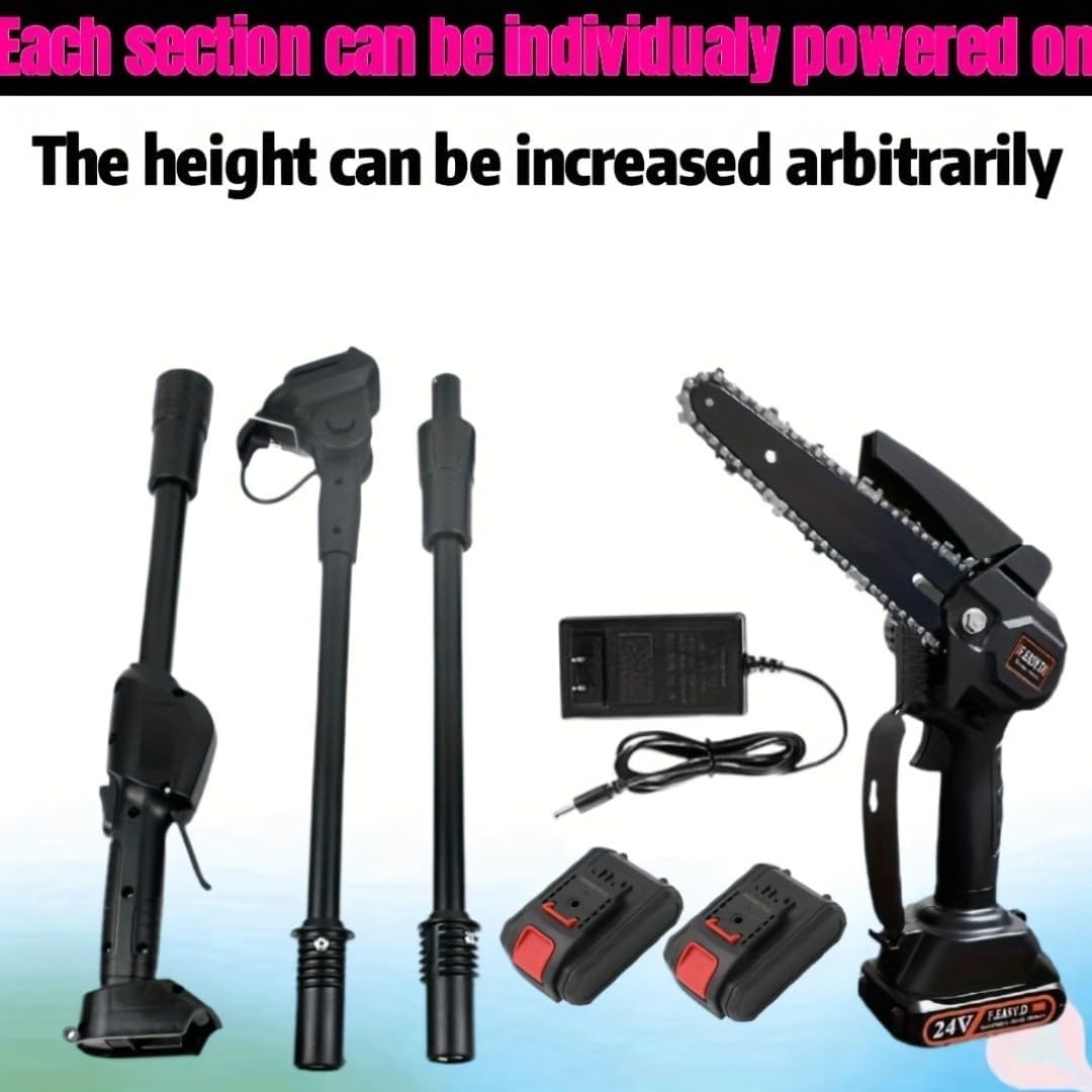 High Branch Chainsaw. 6-inch Brushless Lithium Pole Saw. 2 x 24V Battery and Charger. Three Telescopic rods. Lightweight Garden Pruning Tool. for Tree Pruning.