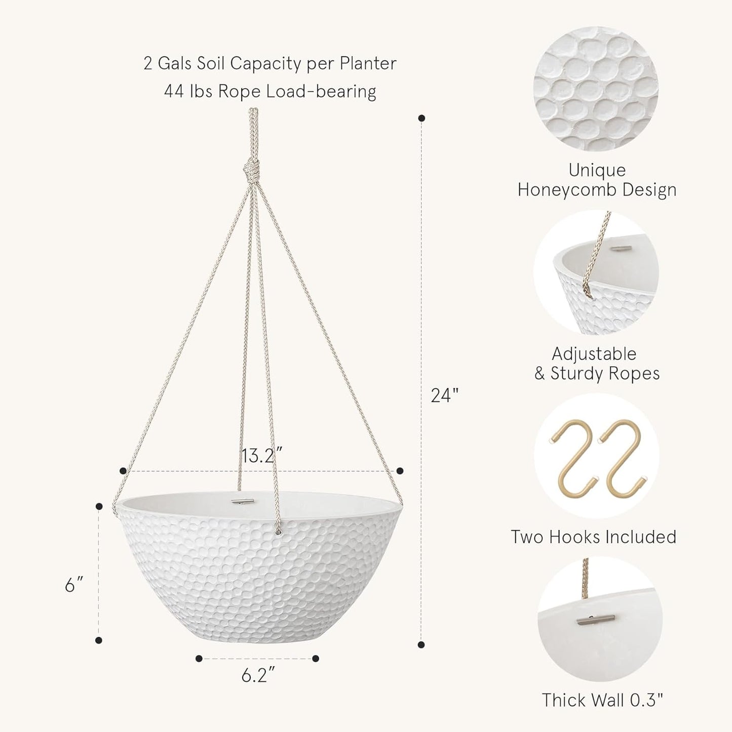 LA JOLIE MUSE Hanging Planters for Outdoor Plants, Large Hanging Planter with Drain Holes, Outdoor Hanging Flower Pots, White Stone, Honeycomb (13.2 Inch, Set of 2)