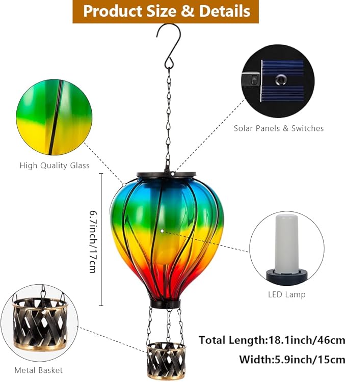 Starsoul Glass Hot Air Balloon Solar Lantern with Flickering Flame Light Colorful Solar Powered Hot Air Balloon Lamp Waterproof Hanging Solar Lantern for Garden Yard Patio Porch Decor