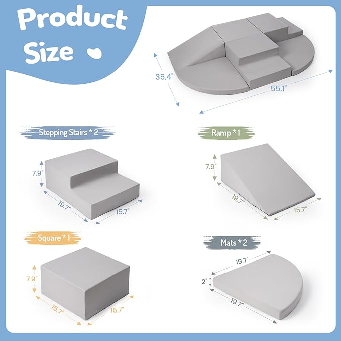 6-Piece Foam Climbing Blocks for Toddlers, Baby Climb and Crawl Soft Foam Play Set, Machine Washable Cover, Indoor Activity Play Structures, Climbing Toys for Toddlers 1-3 (Gray)