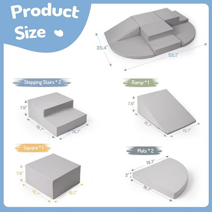 6-Piece Foam Climbing Blocks for Toddlers, Baby Climb and Crawl Soft Foam Play Set, Machine Washable Cover, Indoor Activity Play Structures, Climbing Toys for Toddlers 1-3 (Gray)