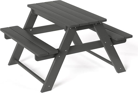 Costaelm Kids Picnic Table, HDPE All Weather Outdoor Toddler Picnic Table and Chair Set Kids Bench for Patio, Backyard, Garden, Lawn, Gray