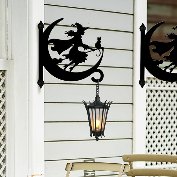 peacoblue Iron Plant Hangers Hooks for Outdoor Indoor Hanging Plants Flower Fern Pots Lantern Bird Feeder,11.6"x13.6" Weather Resistant Metal Wall Holder for Porch Garden Farmhouse(Witch and Cat)