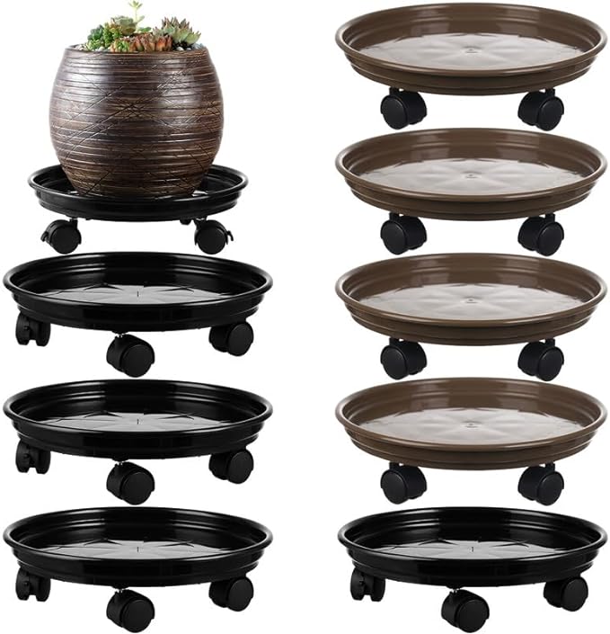8 Packs Plant Caddy with Wheels 11.8" Plastic Rolling Plant Stands Heavy-Duty Plant Dolly with Casters Indoor and Outdoor Plant Roller Base Large Heavy Plant Pot Saucers with Wheels, Black + Brown