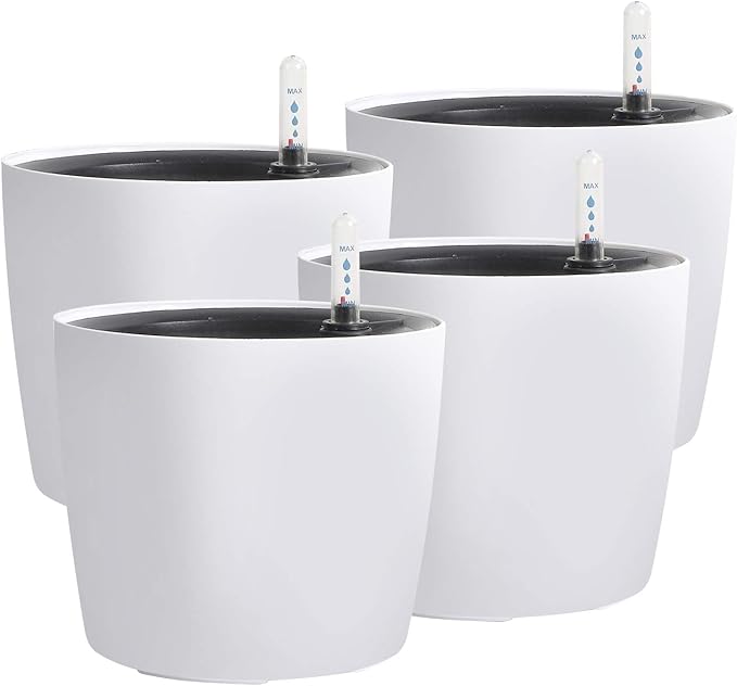 KINJOEK 4 Packs 7 Inch Self Watering Planter with Water Level Indicator, Modern Garden Decorative White Flower Pot for House Plants, Flowers, African Violets, Succulents, White