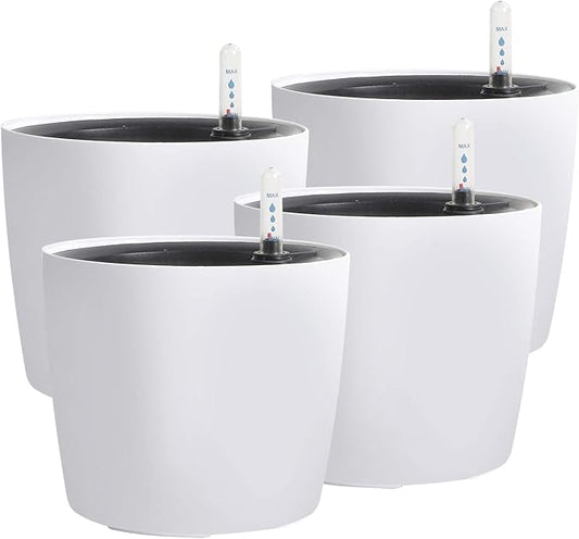 KINJOEK 4 Packs 7 Inch Self Watering Planter with Water Level Indicator, Modern Garden Decorative White Flower Pot for House Plants, Flowers, African Violets, Succulents, White