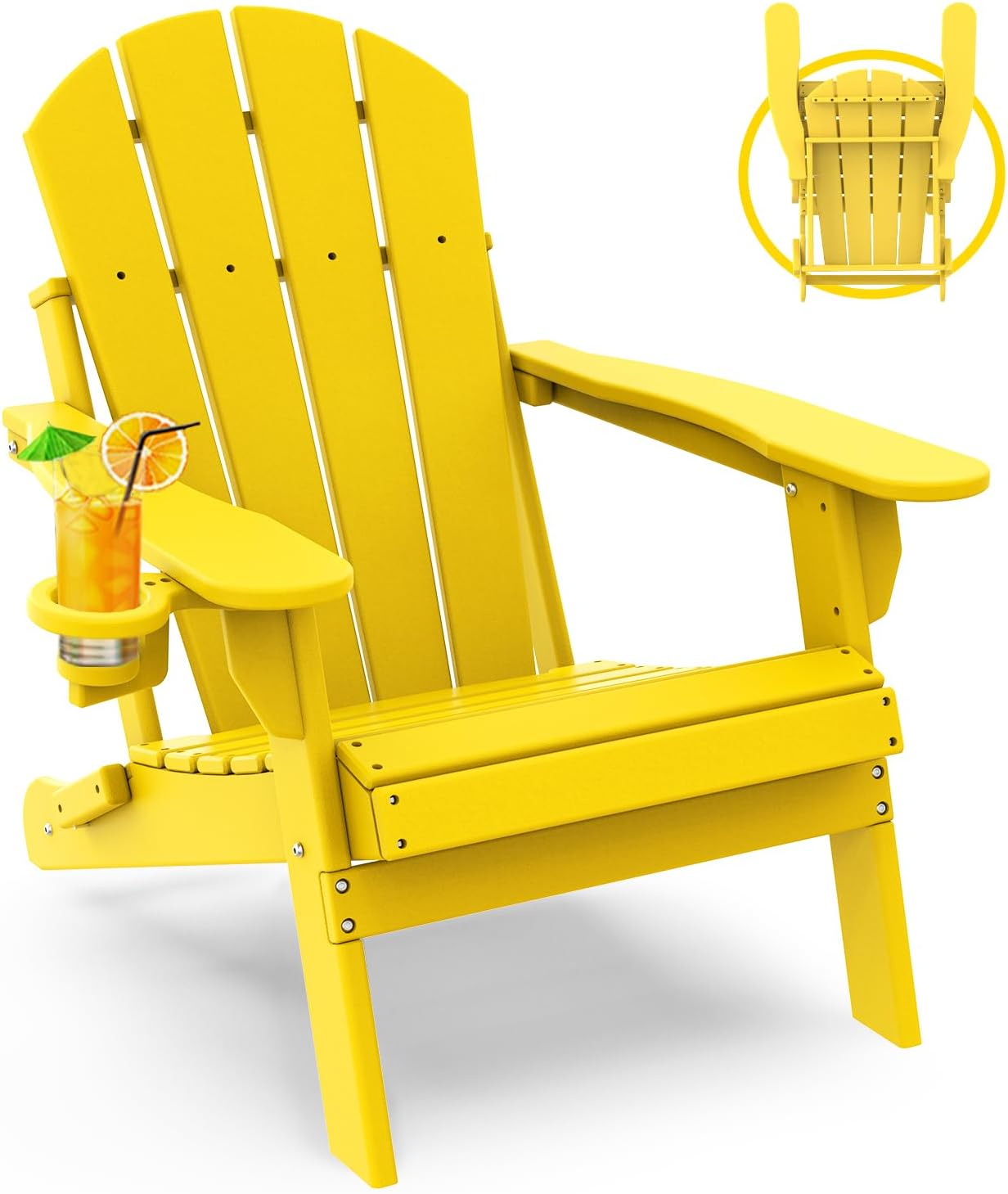 GREENVINES Folding-Adirondack-Chair | HDPE Plastic | Fire Pit Chairs | All Weather | Cup Holder | Yellow | for Deck Backyard Patio Outdoor Garden