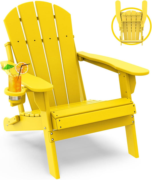 GREENVINES Folding-Adirondack-Chair | HDPE Plastic | Fire Pit Chairs | All Weather | Cup Holder | Yellow | for Deck Backyard Patio Outdoor Garden