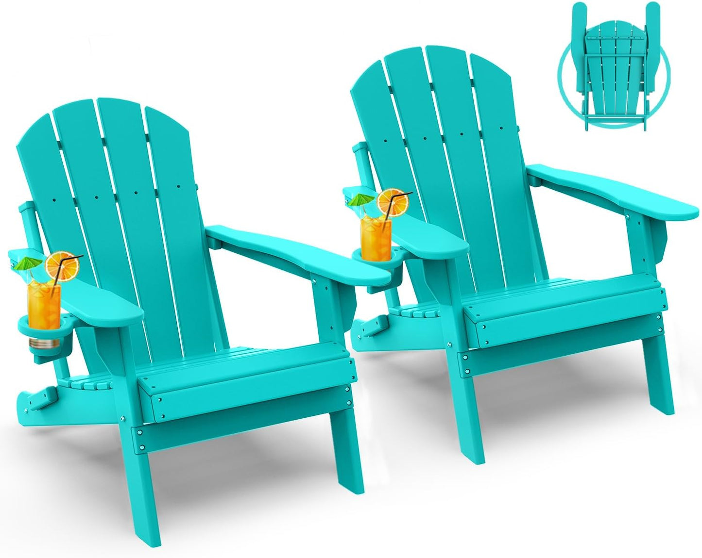 GREENVINES Folding-Adirondack-Chairs-Set-of-2 | HDPE Plastic | Fire Pit Chair | All Weather | Cup Holder | Aqua | for Deck Backyard Patio Outdoor Garden