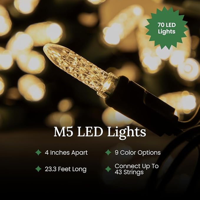 Pro Christmas M5 LED Holiday Lights - 70 Bulbs, 23.3ft - Professional Grade Indoor Outdoor Diamond Cut Sparkle Light Strings for Home Decorations and Christmas Trees - Green