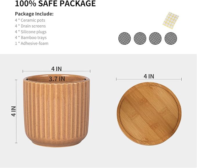 TAMAYKIM 4 Inch Cylinder Ceramic Boho Plant Pots with Drainage Hole and Saucer, Glazed Multicolor Flower Pots for Succulent, Snake Plant, Cactus and Herbs, Set of 4 (Plant Not Included)
