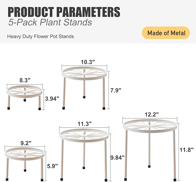 Plant Stand,5 Pack Heavy Duty Flower Pot Stands,Metal Decoration Racks,Round Plant Shelf for Planter Outdoor and indoor (White)