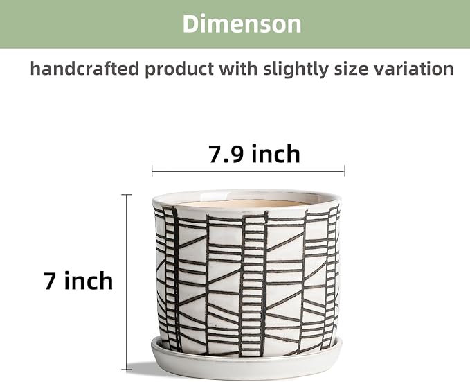 8 Inch Plant Pot: Ceramic Planter with Drainage Hole & Saucer for Indoor Outdoor Plants - Flowerpot with Bonded Tray for Home Office - Striped Debossed