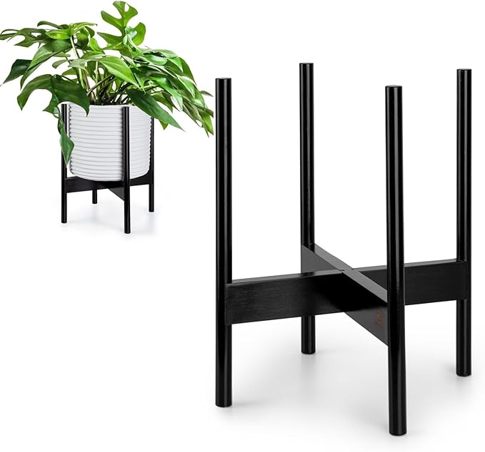 Fox & Fern Bamboo Plant Stand — 11.8 Inch Fixed Size Wooden Mid Century Plant Stand for Indoor Planters; Raised Large Flower Pot Holder for Indoor Big Pots; Plug In Design; Two Height Options - Dark Bamboo
