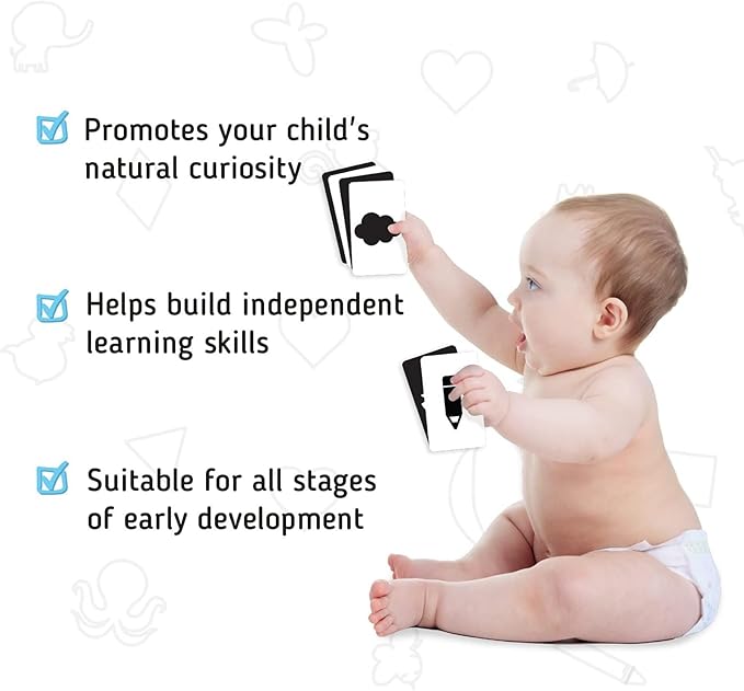 Merka Newborn Toys & Sensory Flash Cards for Babies - High Contrast Baby Cards - 50-Pack Paper, 2.4 in x 4.2 in, Black & White - Visual Stimulation & Brain Development for 0-3 Months