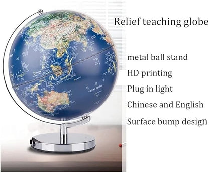 Decorative Globe with LED Light, 9.84"/11.81" HD Geographic Globe, Chinese & English Relief Map for Students & Teaching, Rotating Stand