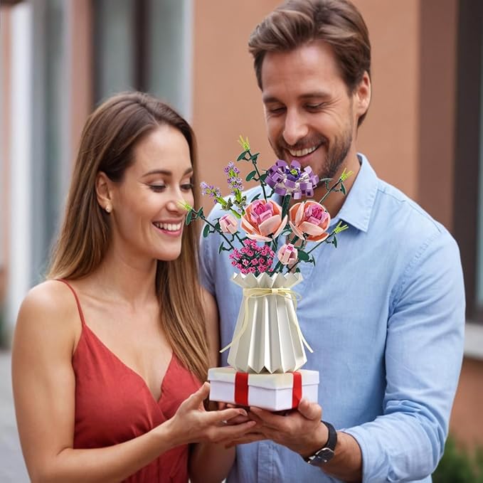 Flower Bouquet Building Blocks Artificial Pink Rose with Paper Vase Botanical Collection Bricks Sets Kits Christmas X'Mas Valentine Gifts Birthday Creative Gifts for Adults Girlfriends(413PCS)